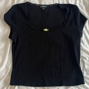 Vintage Black Lace- Trimmed Square Neck Blouse